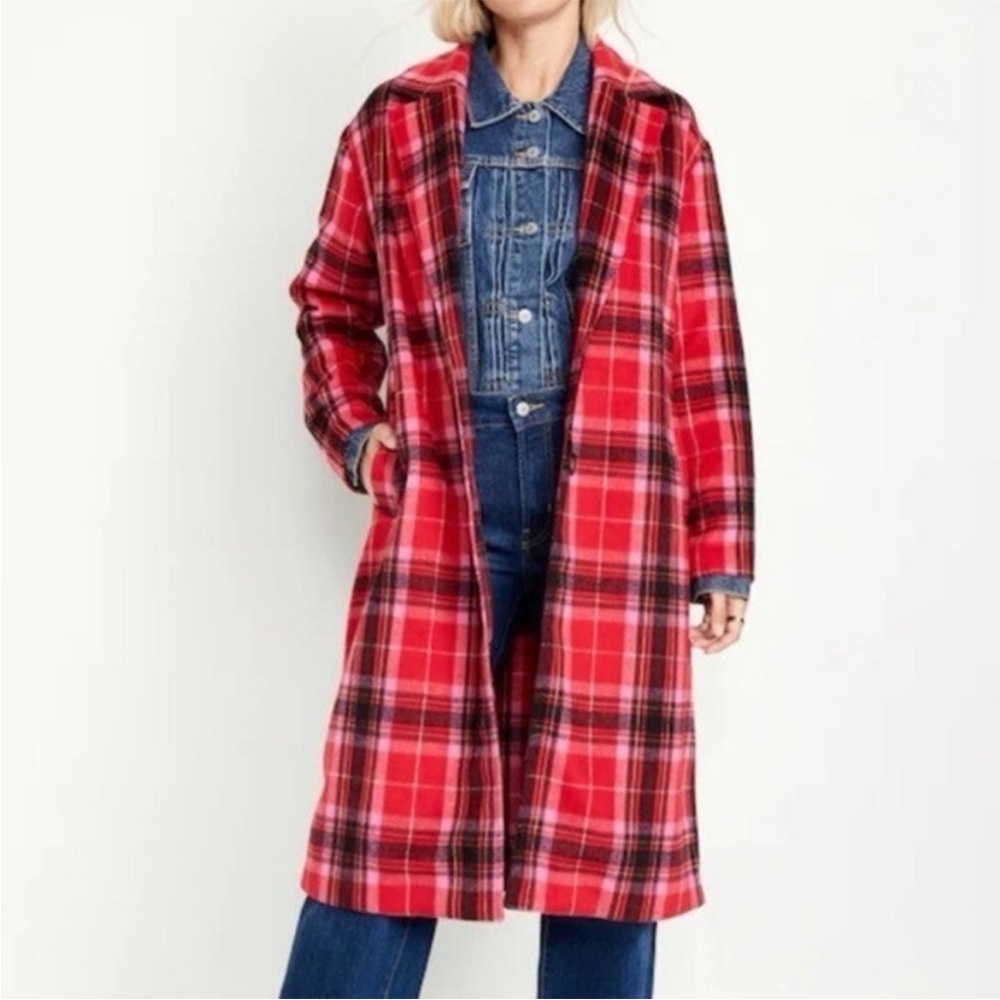 Old Navy Pink & Red Tartan Plaid Softbrush Overcoat for Women sz Small EUC